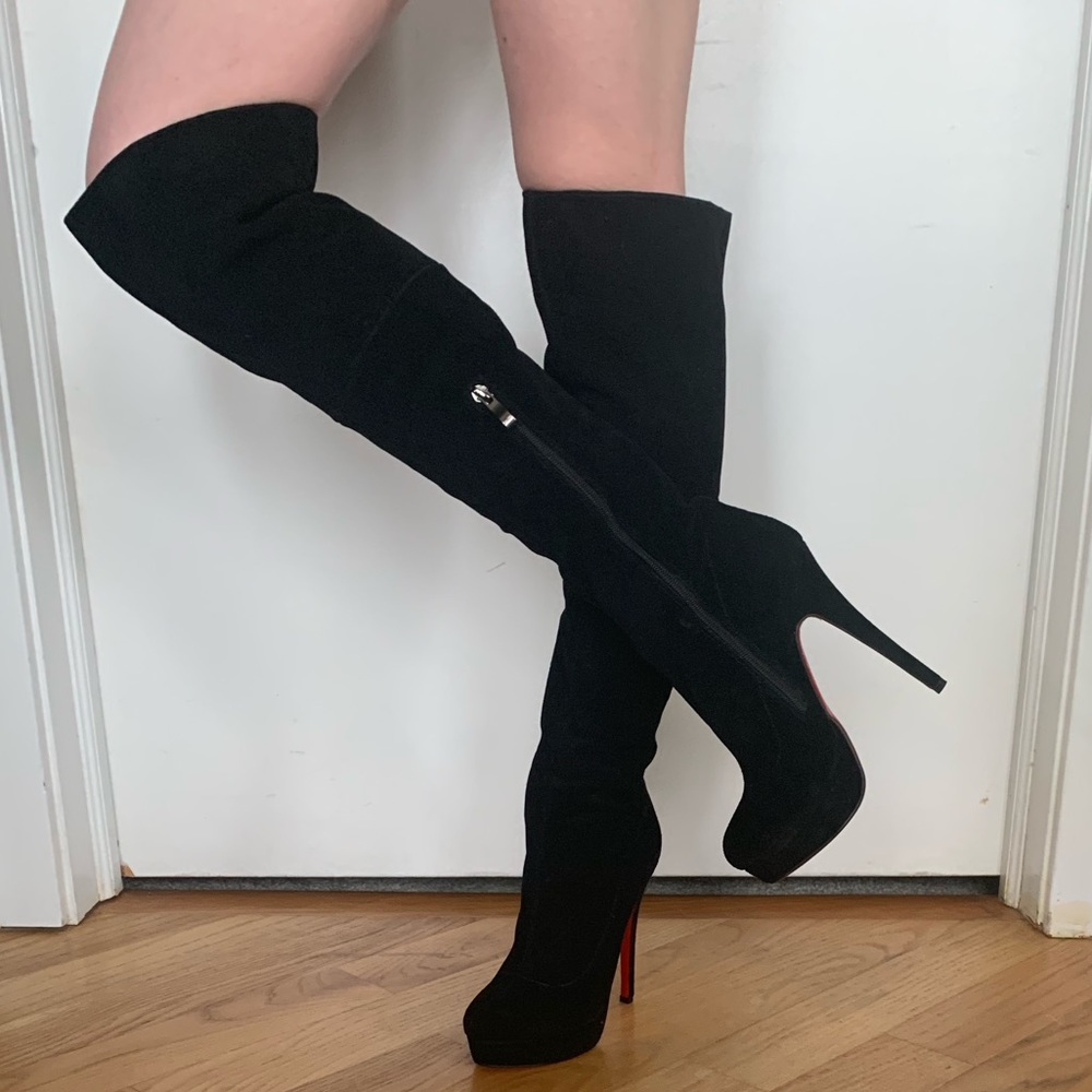 Tall Leather Suede Black Boots, Size 37